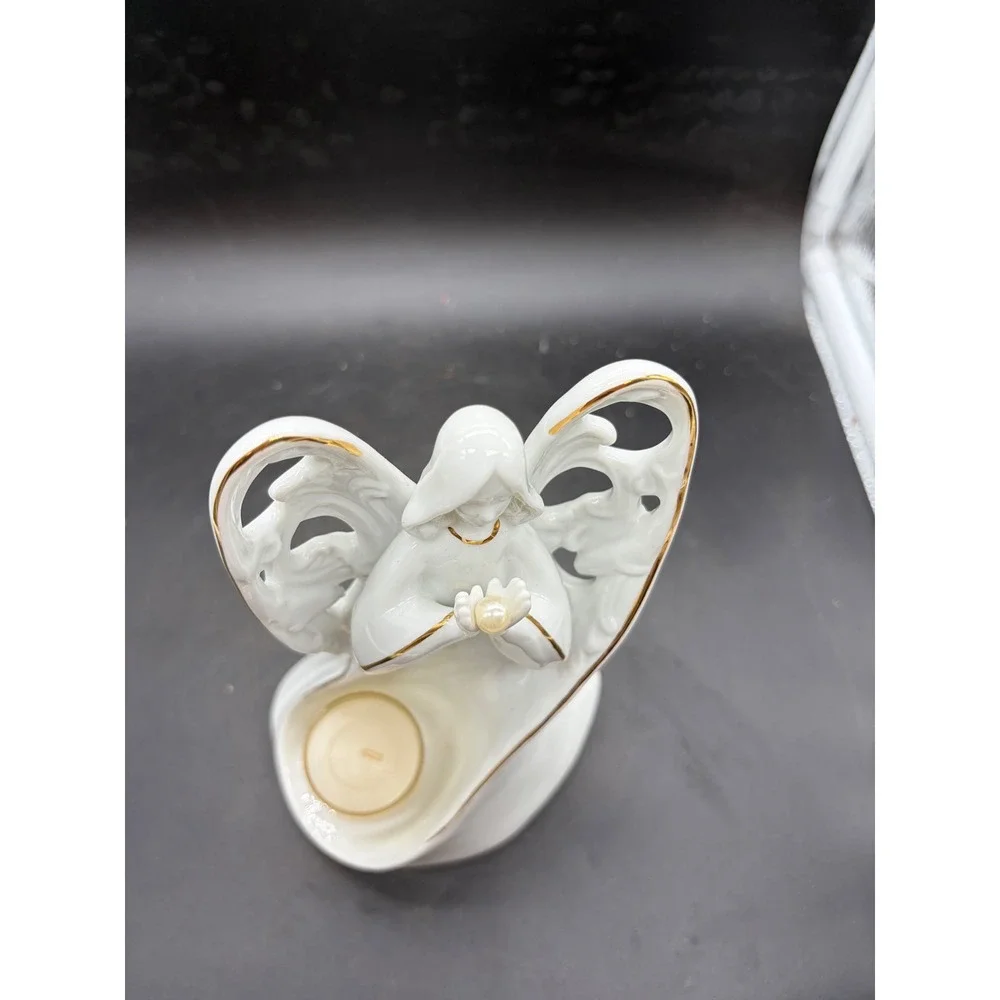 Fine Porcelain Praying Angel Tea Light Candle Holder White Gold Trim 7.5 Inch
